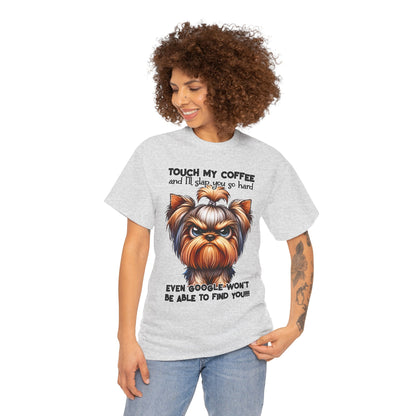 Printify Funny Dog Graphic T-Shirt with humorous coffee warning and dog illustration on gray fabric