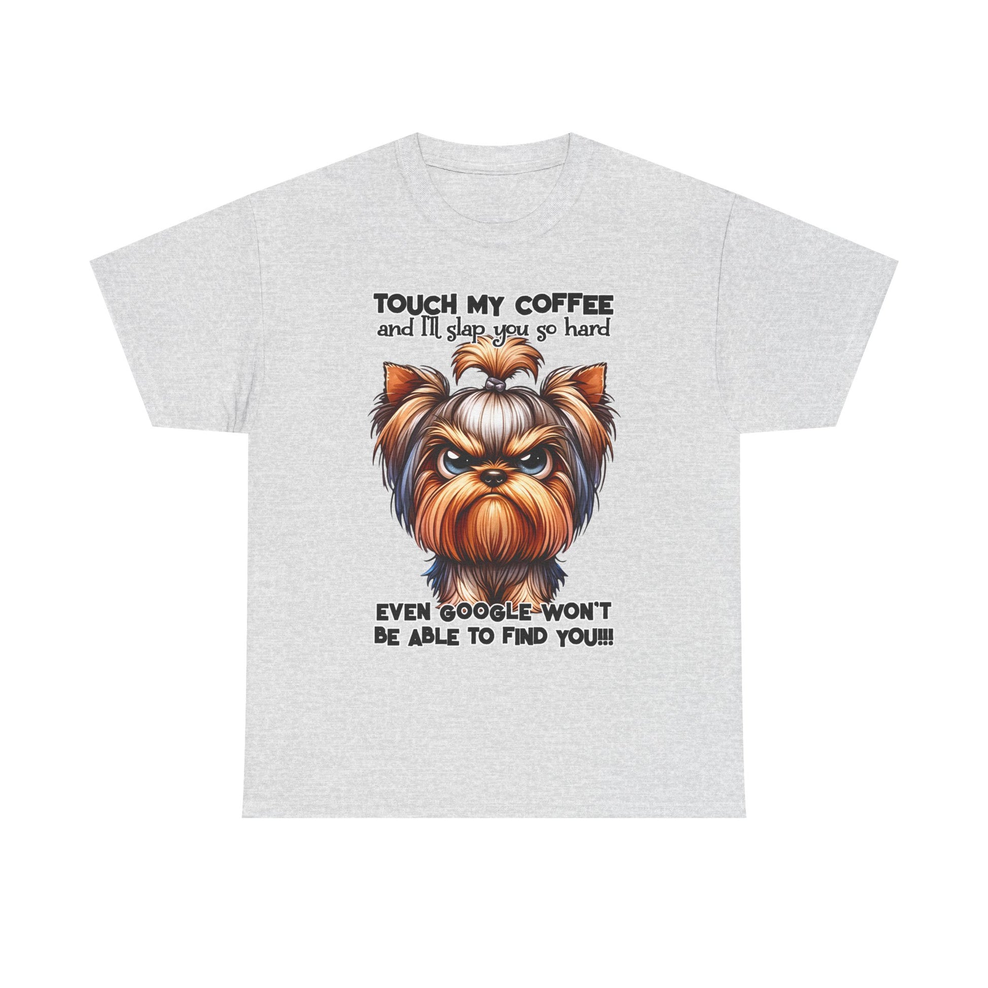 Gray Funny Dog Graphic T-Shirt featuring an angry dog and coffee warning text