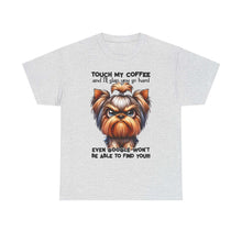 Gray Funny Dog Graphic T-Shirt featuring an angry dog and coffee warning text