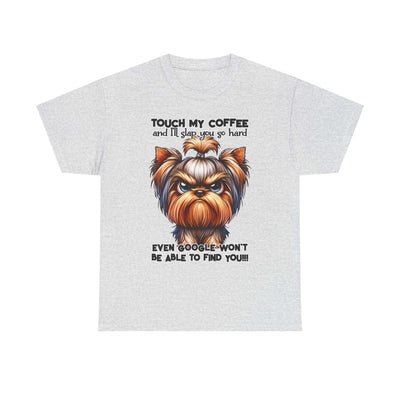 Gray Funny Dog Graphic T-Shirt featuring an angry dog and coffee warning text