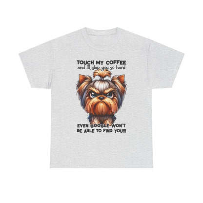 Gray Funny Dog Graphic T-Shirt featuring an angry dog and coffee warning text