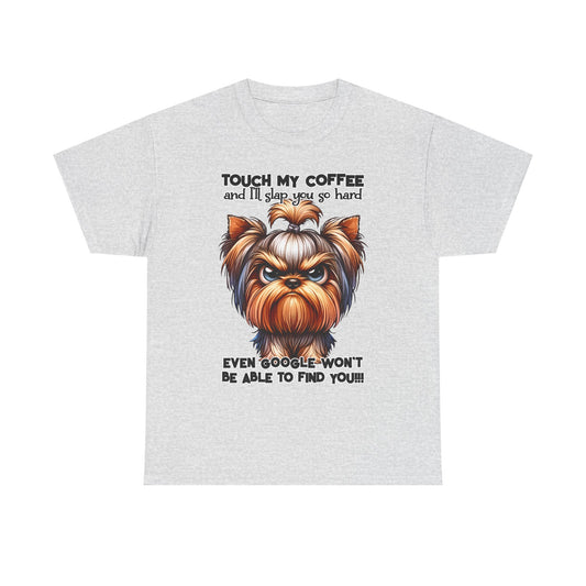 Gray Funny Dog Graphic T-Shirt featuring an angry dog and coffee warning text