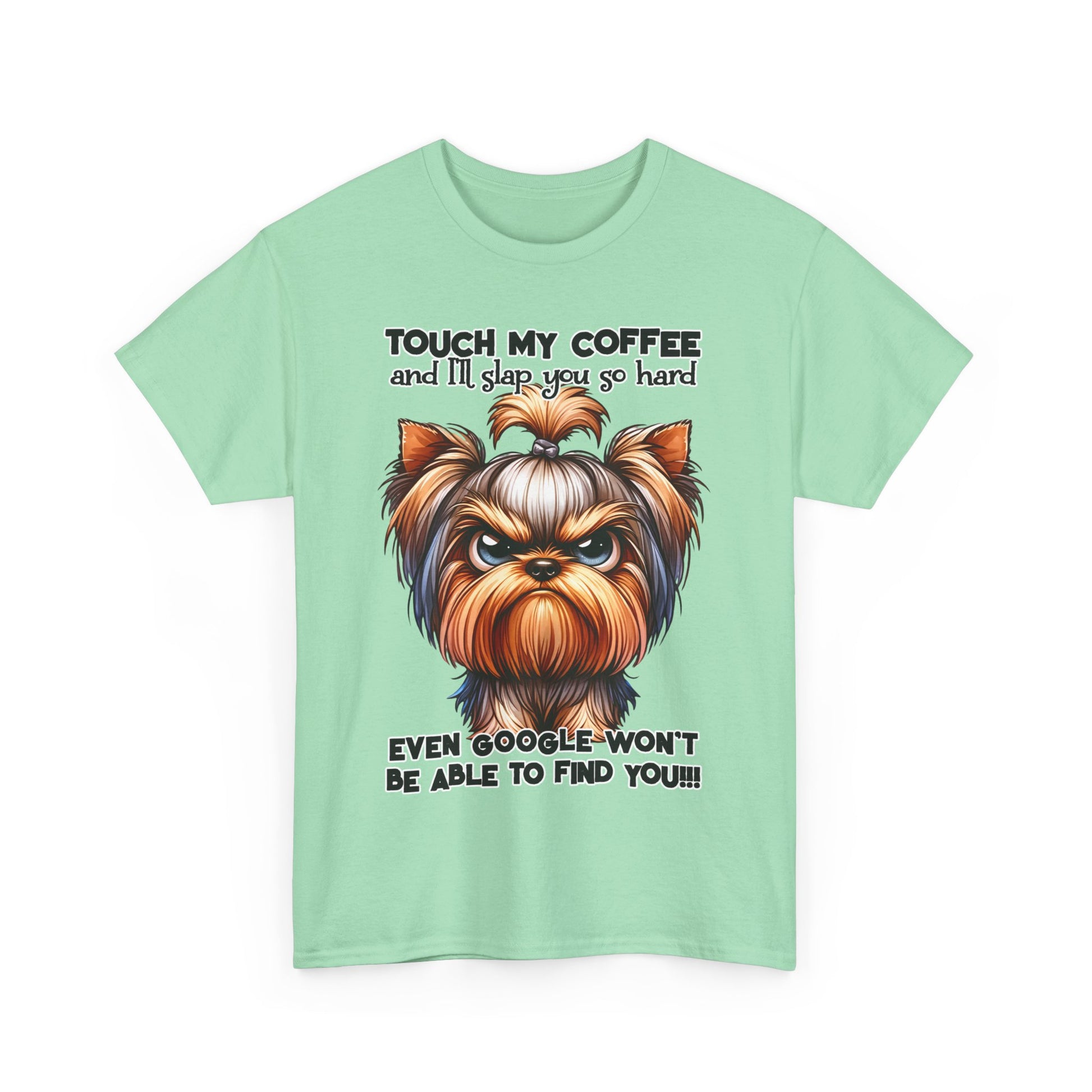 Funny Dog Graphic T-Shirt with angry dog illustration and humorous coffee warning text on light green fabric