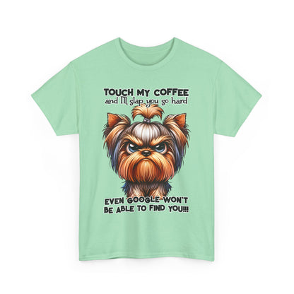 Funny Dog Graphic T-Shirt with angry dog illustration and humorous coffee warning text on light green fabric