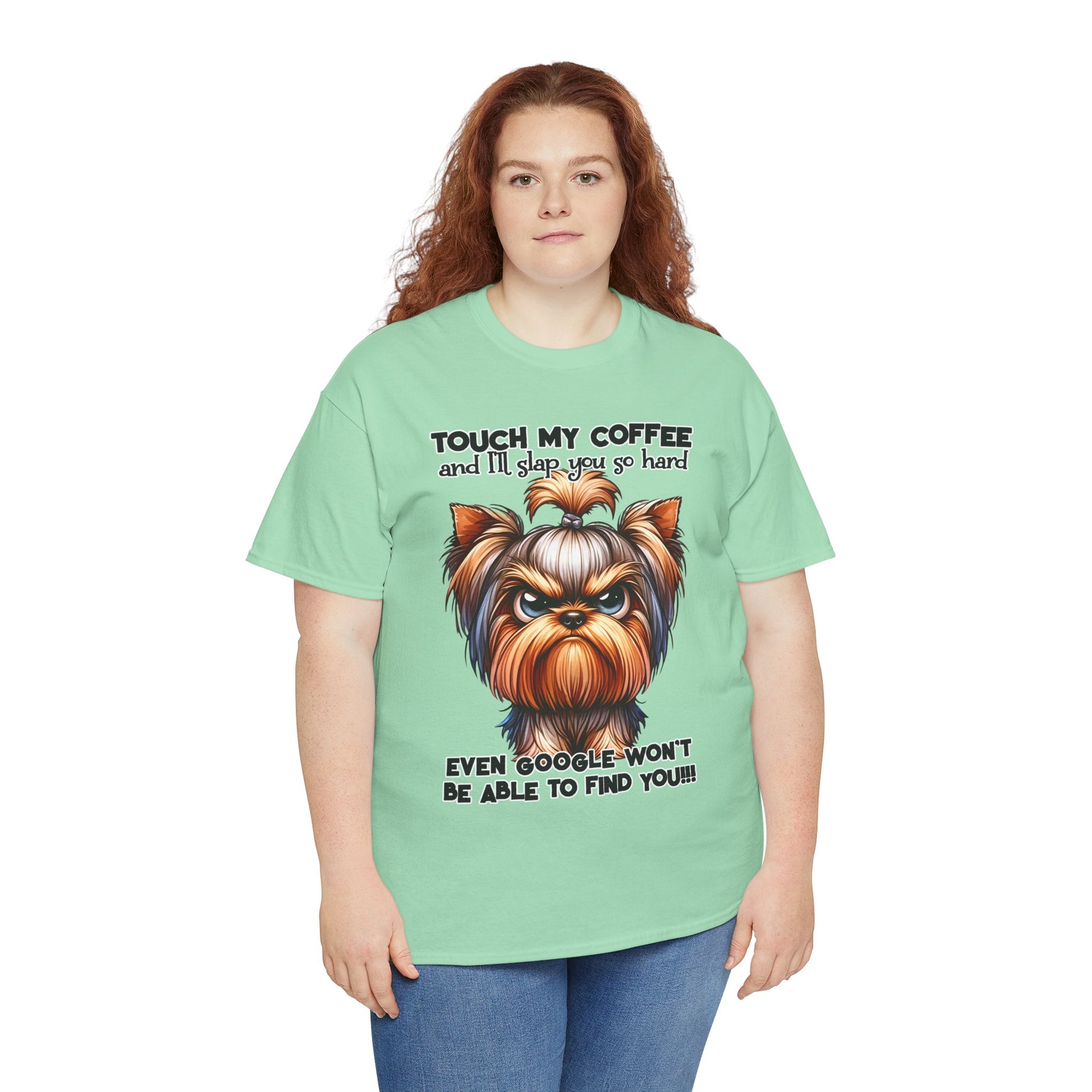 Funny Dog Graphic T-Shirt with humorous coffee warning and cartoon dog face on mint green Printify tee