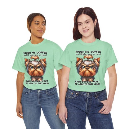Two women wearing Printify funny dog graphic t-shirt with a cute dog and coffee quote design