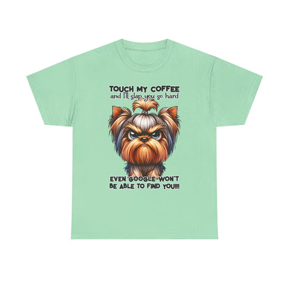 Printify funny dog graphic t-shirt with angry dog illustration and coffee warning text on light green