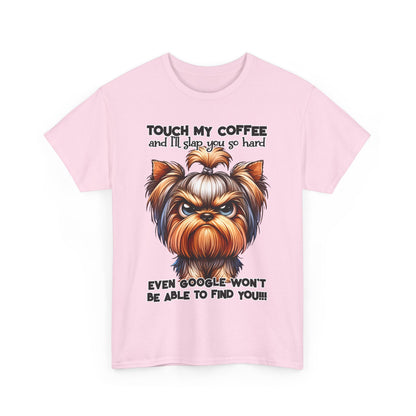 Funny Dog Graphic T-Shirt in pink with a cute angry dog and humorous coffee quote