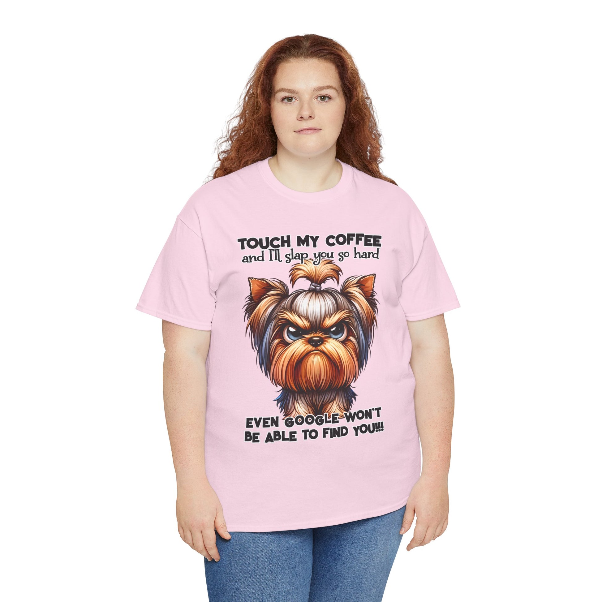 Funny Dog Graphic T-Shirt with humorous dog illustration and bold text on light pink Printify tee