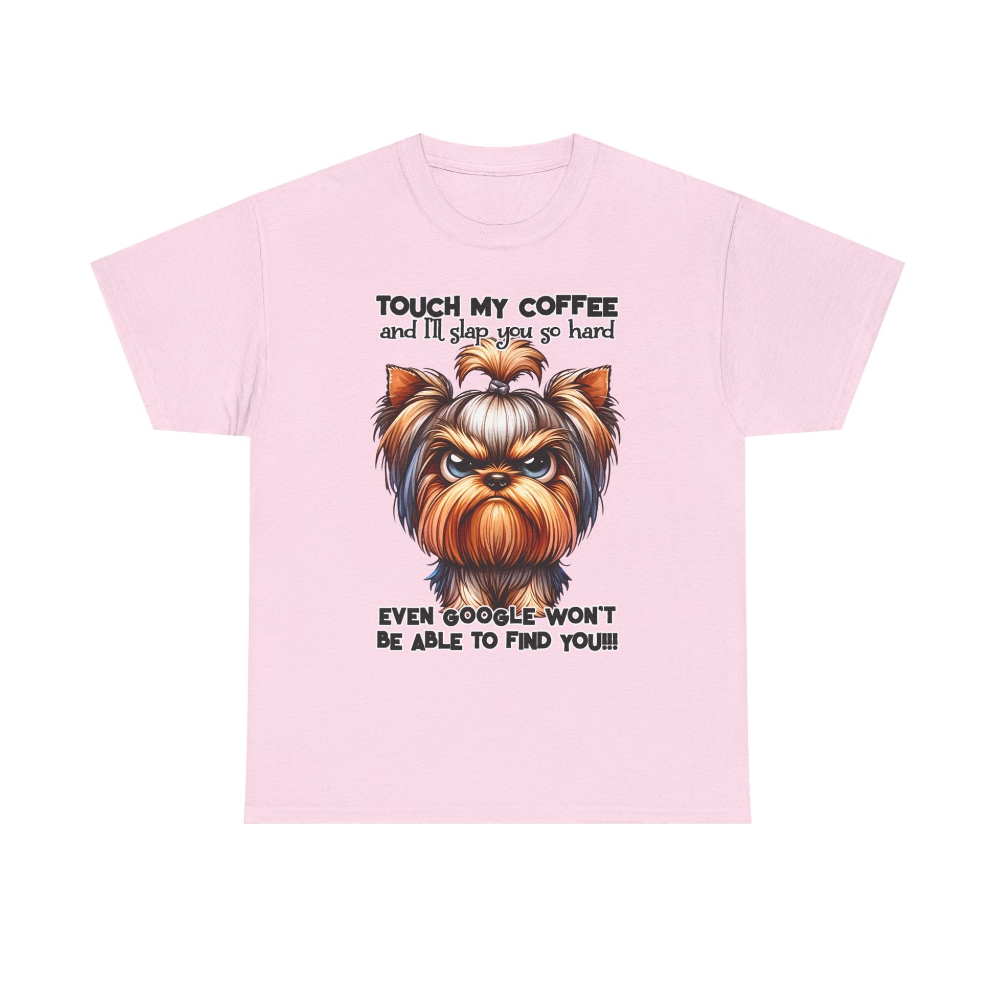 Pink Funny Dog Graphic T-Shirt with angry dog illustration and humorous coffee warning text