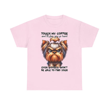 Pink Funny Dog Graphic T-Shirt with angry dog illustration and humorous coffee warning text