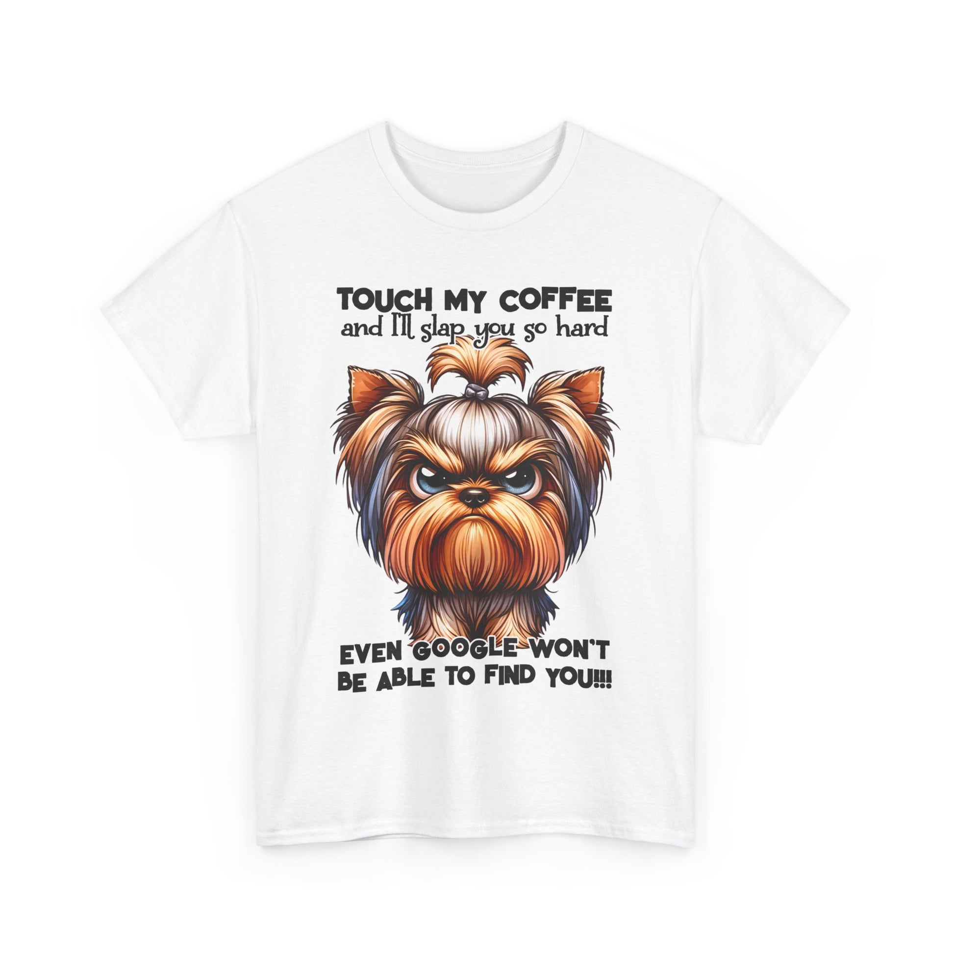 Printify Funny Dog Graphic T-Shirt with angry dog and humorous coffee quote on white fabric