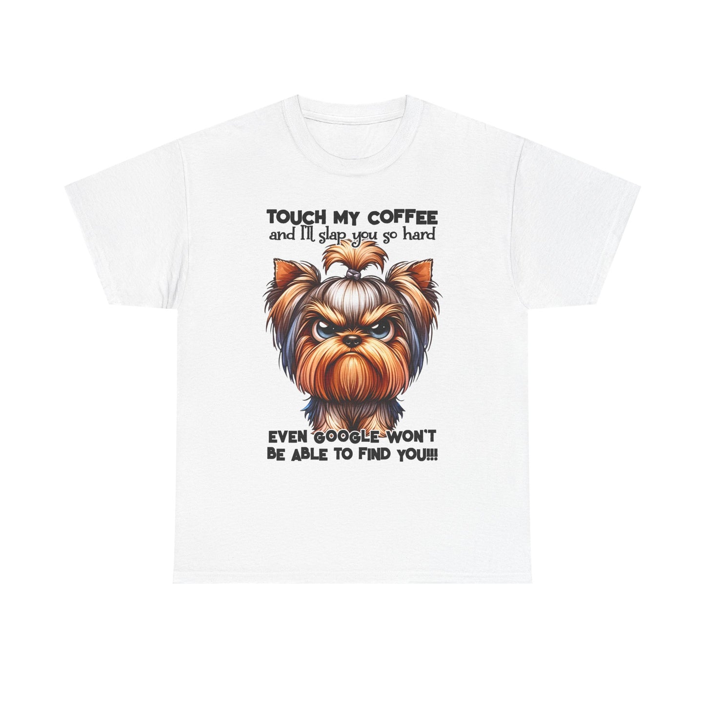 Printify Funny Dog Graphic T-Shirt with angry dog illustration and humorous coffee warning text