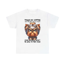 Printify Funny Dog Graphic T-Shirt with angry dog illustration and humorous coffee warning text