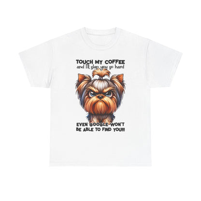 Printify Funny Dog Graphic T-Shirt with angry dog illustration and humorous coffee warning text