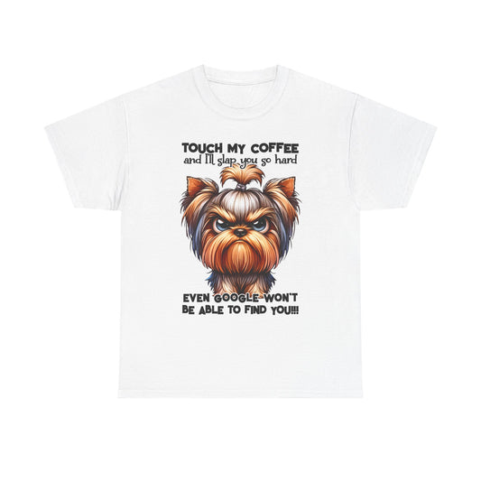 Printify Funny Dog Graphic T-Shirt with angry dog illustration and humorous coffee warning text
