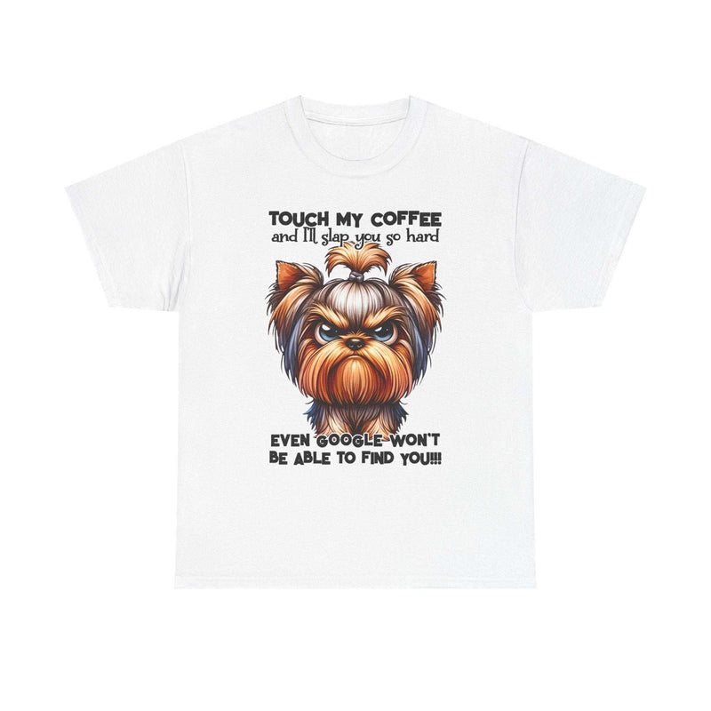 Printify Funny Dog Graphic T-Shirt with angry dog illustration and humorous coffee warning text