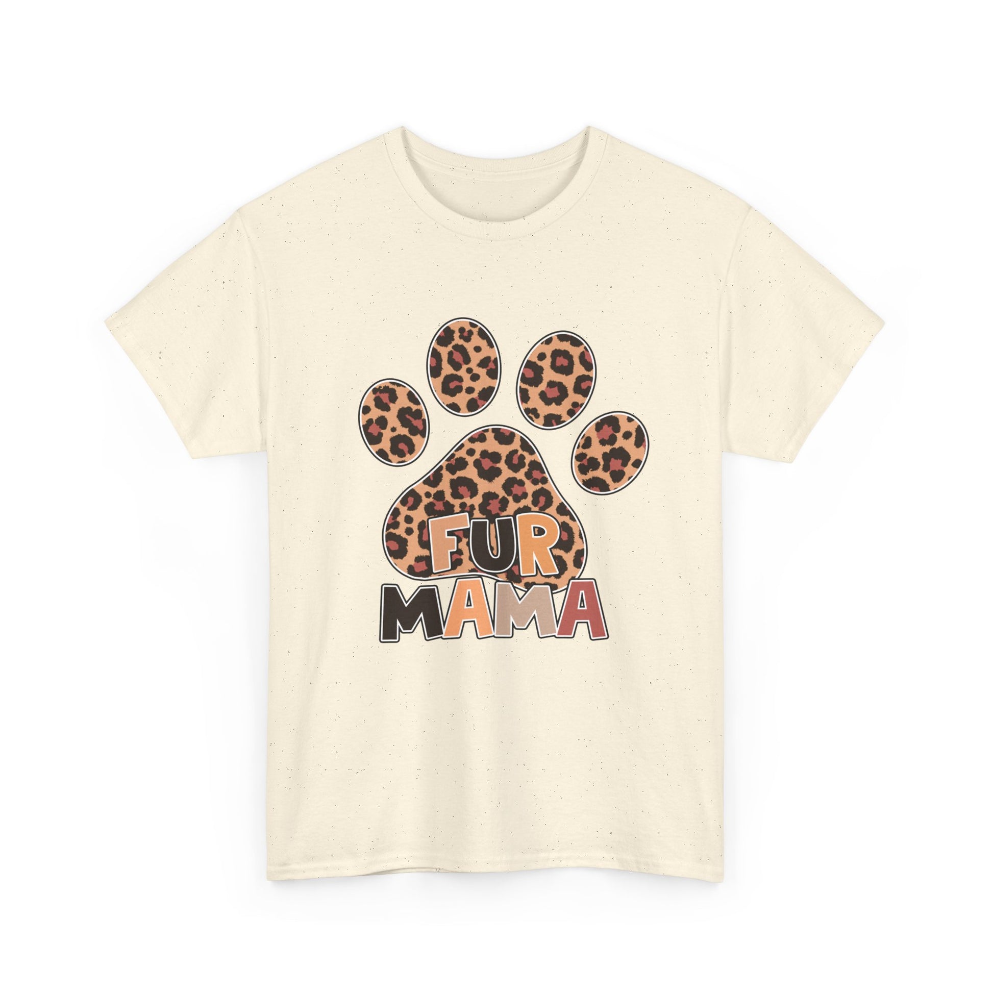 Printify Heavy Cotton T-Shirt cream with leopard paw print and Fur Mama text graphic for pet lovers
