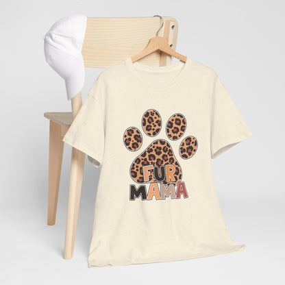 Cream Heavy Cotton T-Shirt with leopard paw print and Fur Mama graphic on a hanger over a chair with white cap