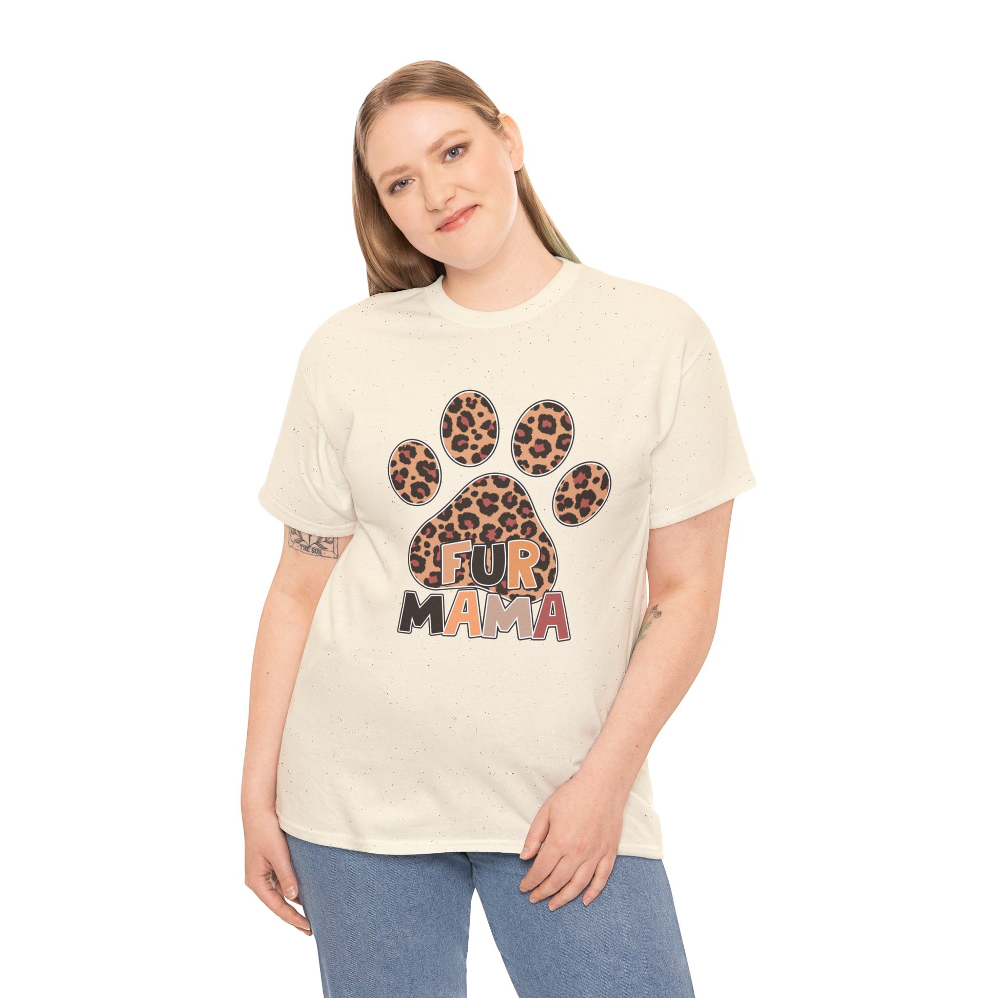 Printify Heavy Cotton T-Shirt cream speckled tee with leopard paw Fur Mama design worn by smiling model