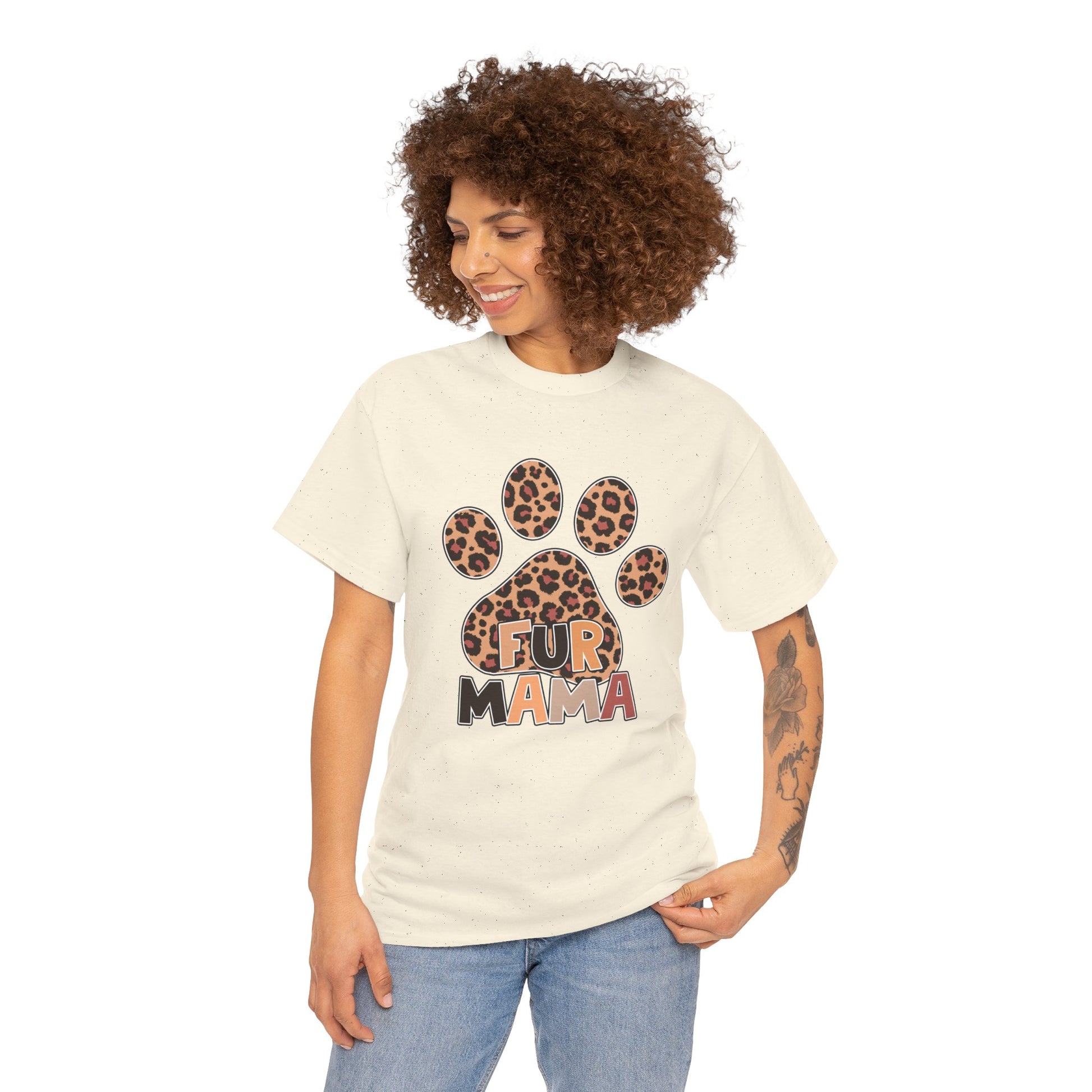 Printify Heavy Cotton T-Shirt cream with leopard paw Fur Mama graphic worn by smiling woman model