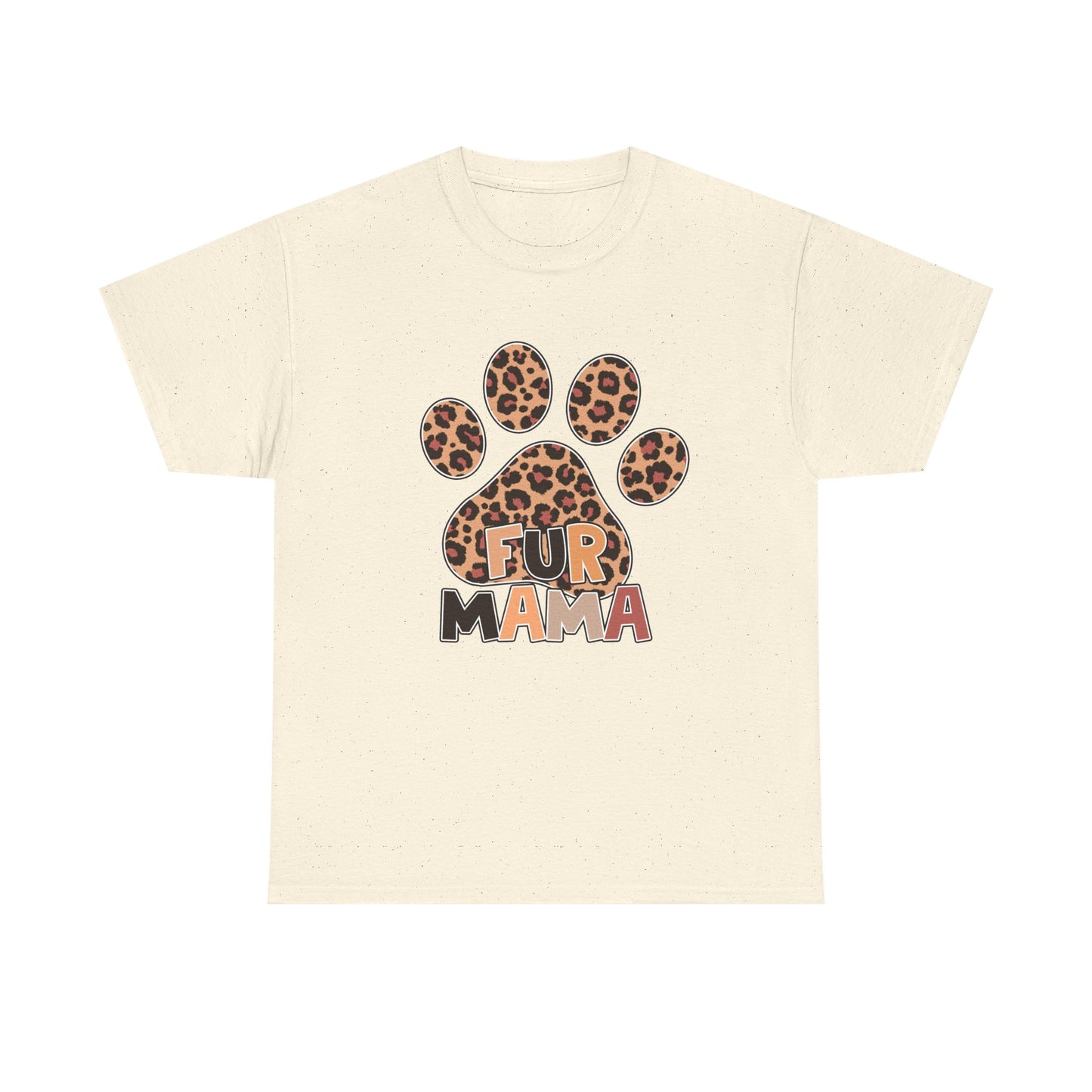 Printify Heavy Cotton T-Shirt cream graphic with leopard paw print and Fur Mama text for pet moms