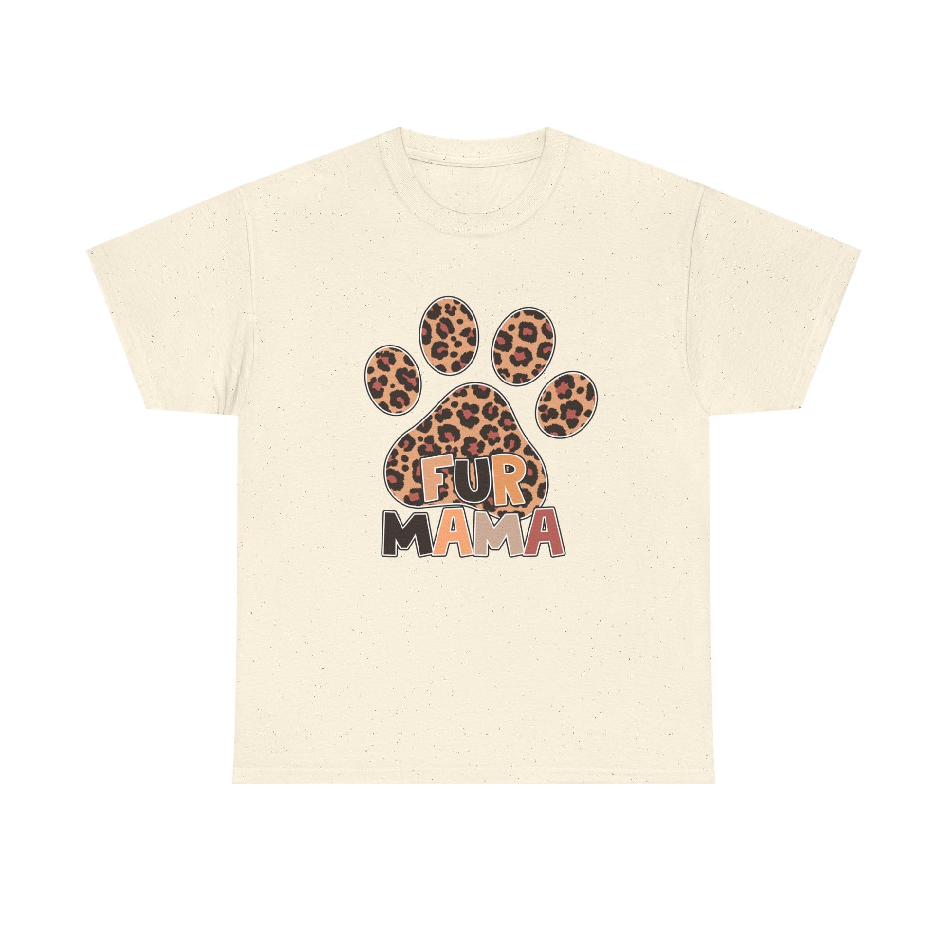 Printify Heavy Cotton T-Shirt cream graphic with leopard paw print and Fur Mama text for pet moms