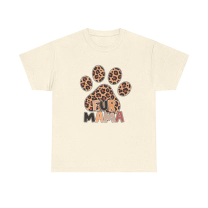 Printify Heavy Cotton T-Shirt cream graphic with leopard paw print and Fur Mama text for pet moms