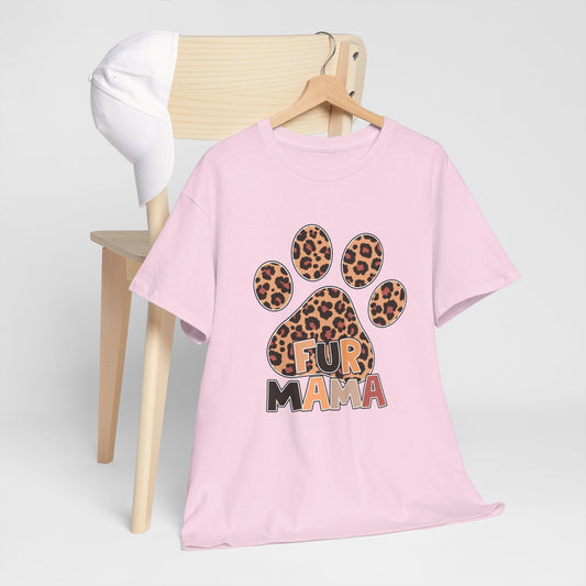Pink Heavy Cotton T-Shirt with leopard print paw and Fur Mama text on hanger by chair