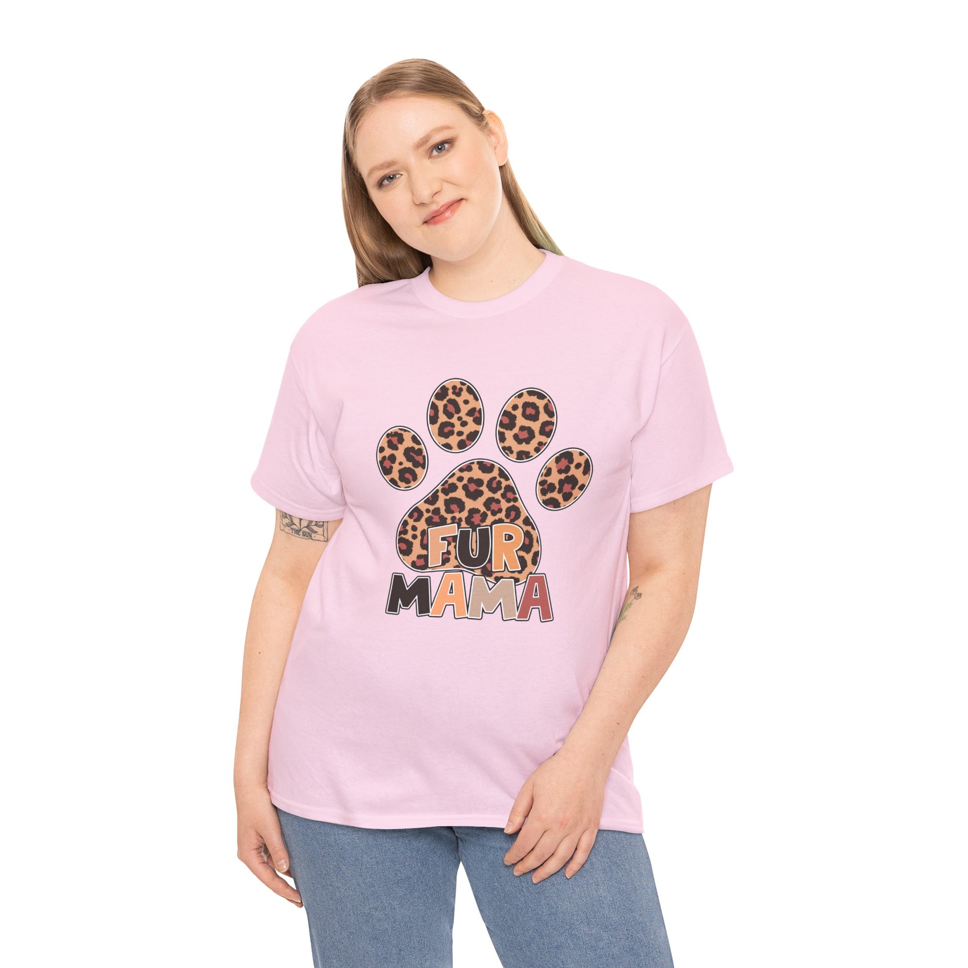 Printify Heavy Cotton T-Shirt pink womens tee with leopard paw print and Fur Mama graphic for pet moms