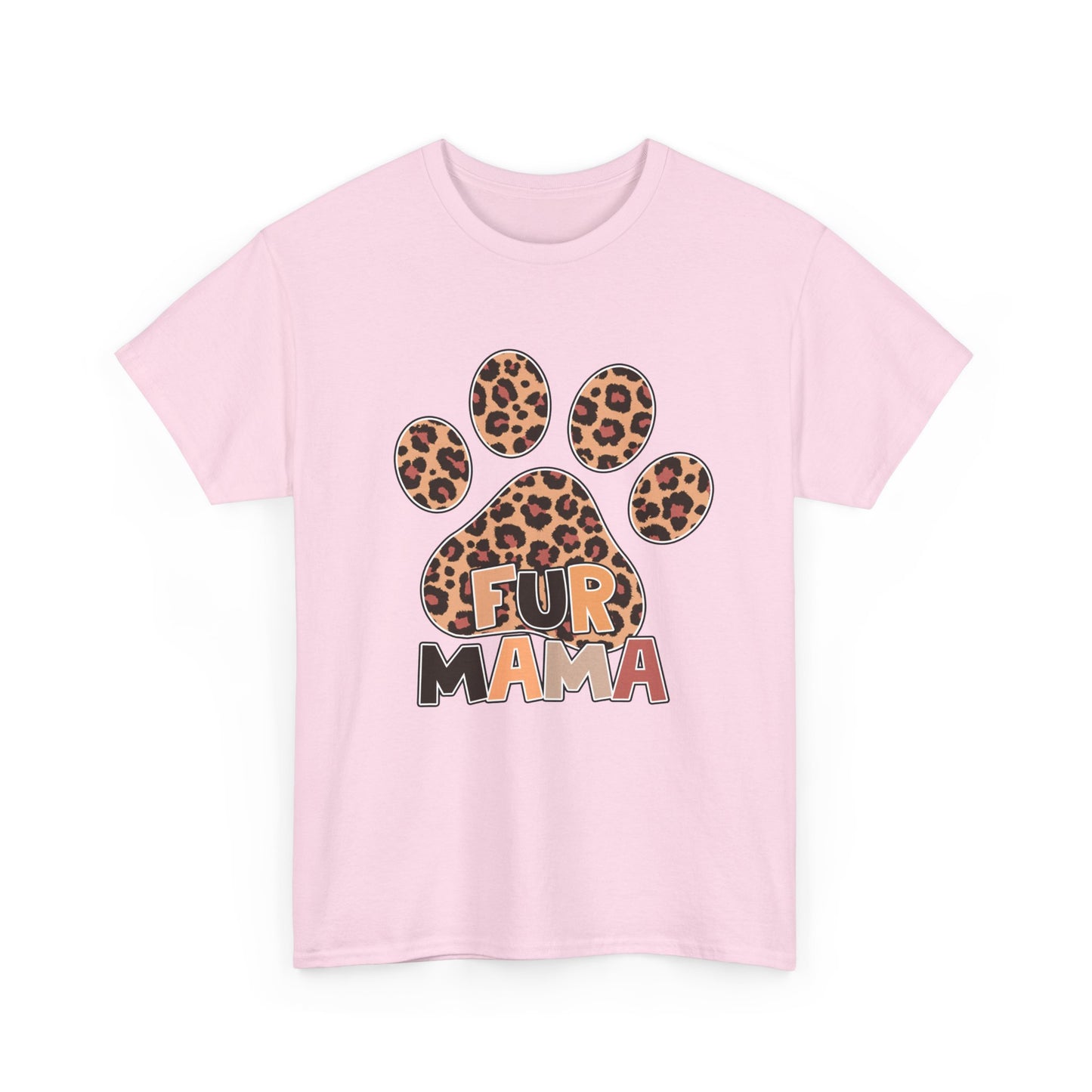 Printify pink Heavy Cotton T-Shirt with leopard paw graphic and Fur Mama text ideal pet mom gift casual tee