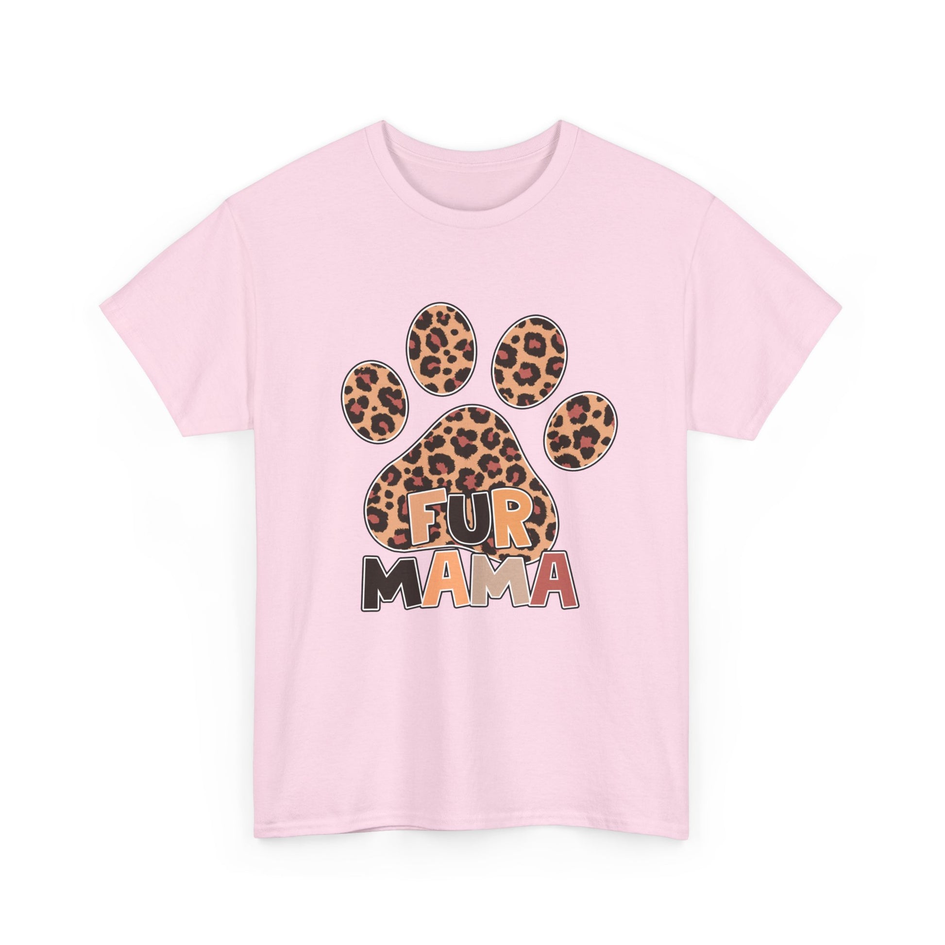 Printify pink Heavy Cotton T-Shirt with leopard paw graphic and Fur Mama text ideal pet mom gift casual tee