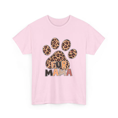 Printify pink Heavy Cotton T-Shirt with leopard paw graphic and Fur Mama text ideal pet mom gift casual tee