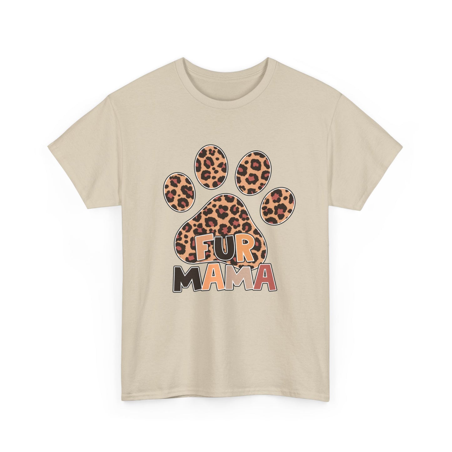 Printify Heavy Cotton T-Shirt beige with leopard print paw and Fur Mama text pet mom graphic