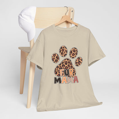 Printify Heavy Cotton T-Shirt beige tee with leopard paw print and FUR MAMA text on hanger by chair