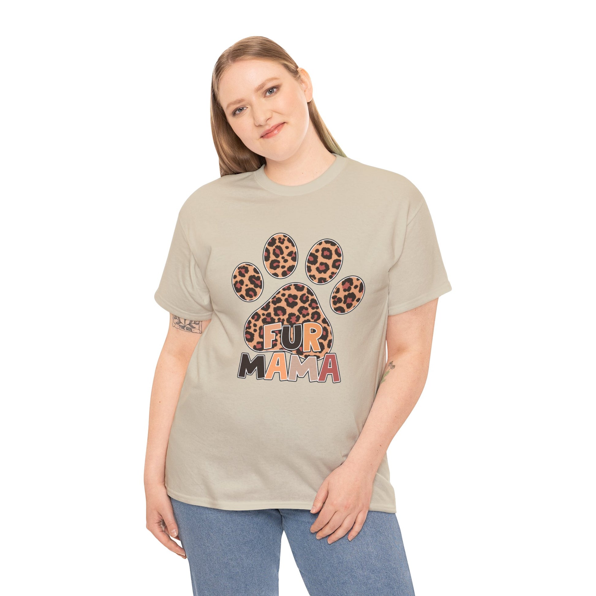 Printify Heavy Cotton T-Shirt beige tee with leopard paw and Fur Mama graphic worn by model