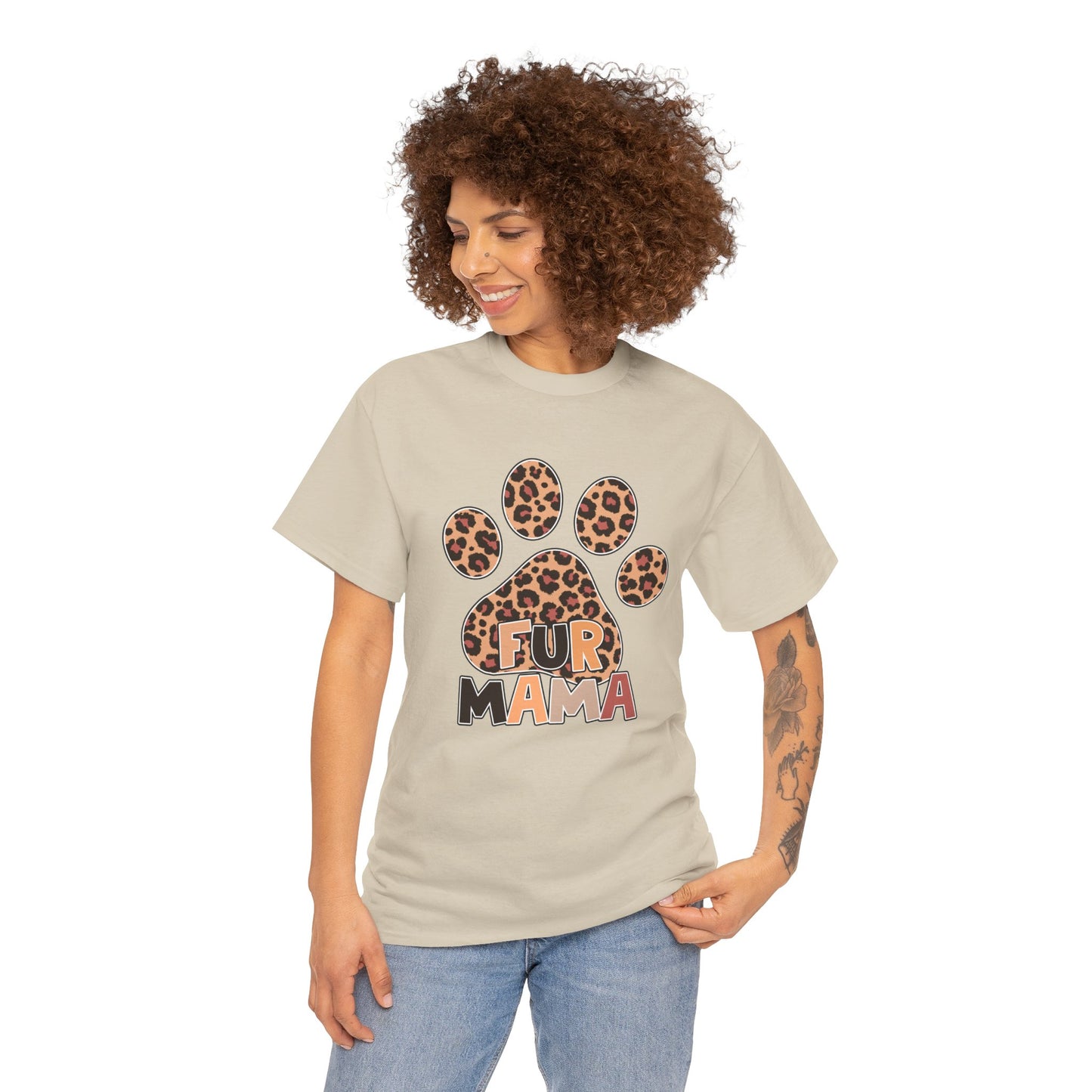 Printify Heavy Cotton T-Shirt beige with leopard print paw and Fur Mama graphic worn by smiling model