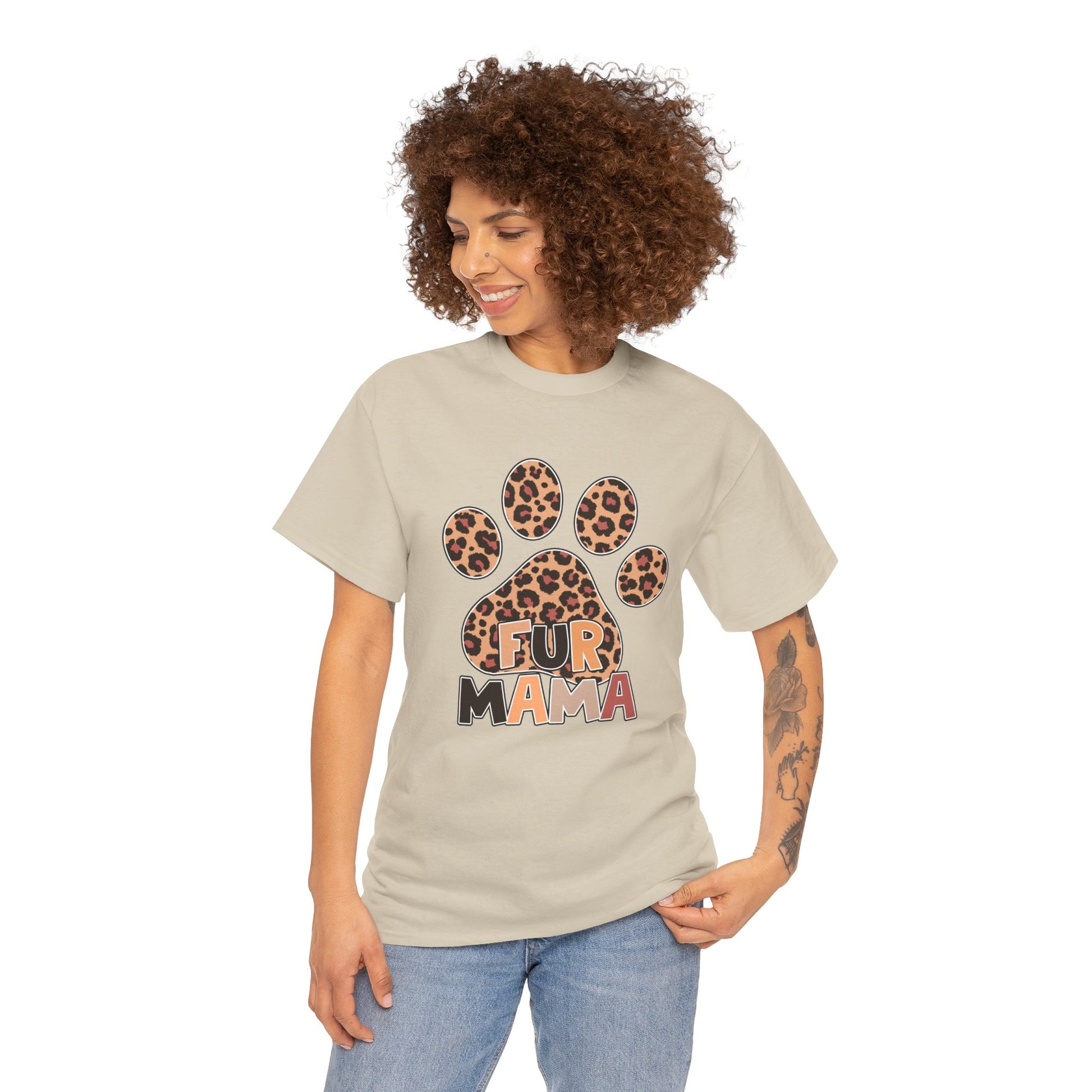 Printify Heavy Cotton T-Shirt beige with leopard print paw and Fur Mama graphic worn by smiling model