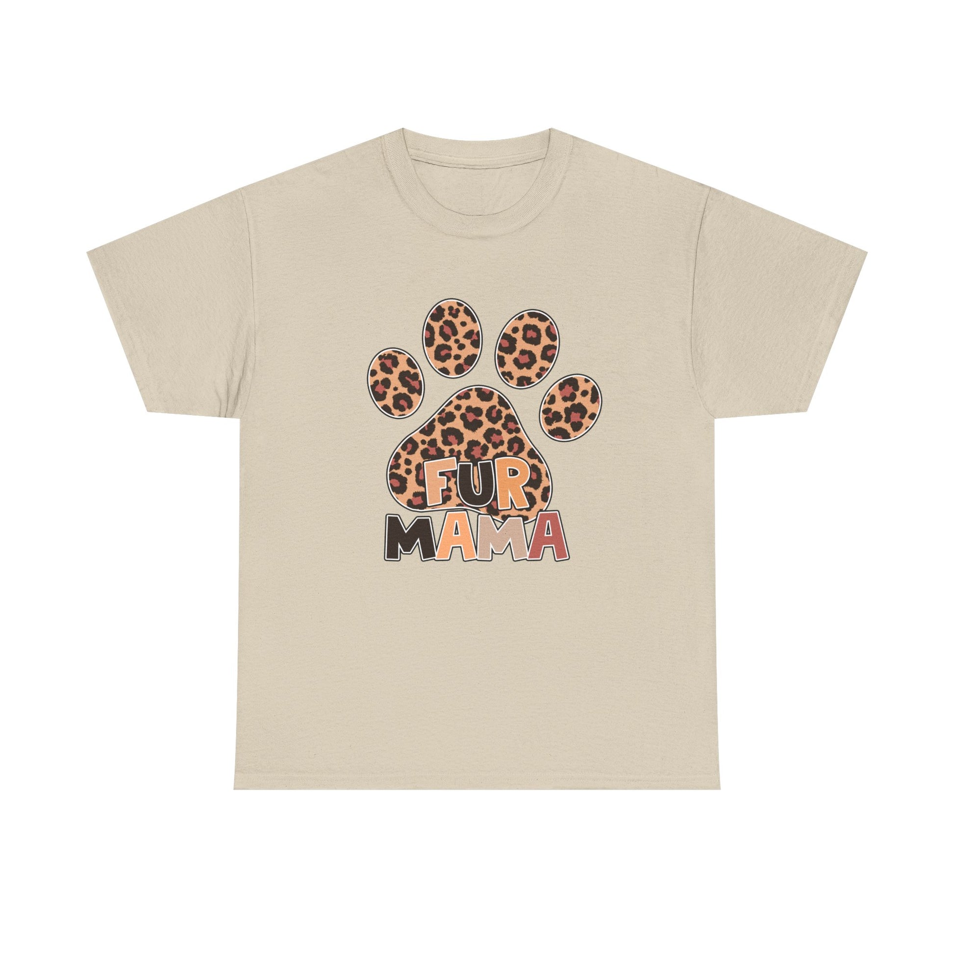 Printify Heavy Cotton T-Shirt beige with leopard print paw and retro Fur Mama text for pet lovers