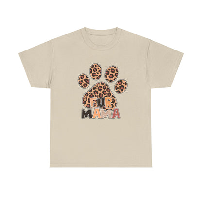 Printify Heavy Cotton T-Shirt beige with leopard print paw and retro Fur Mama text for pet lovers