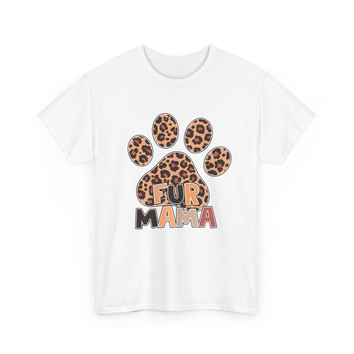 Printify Heavy Cotton T-Shirt white with leopard print paw graphic and Fur Mama text for pet owners