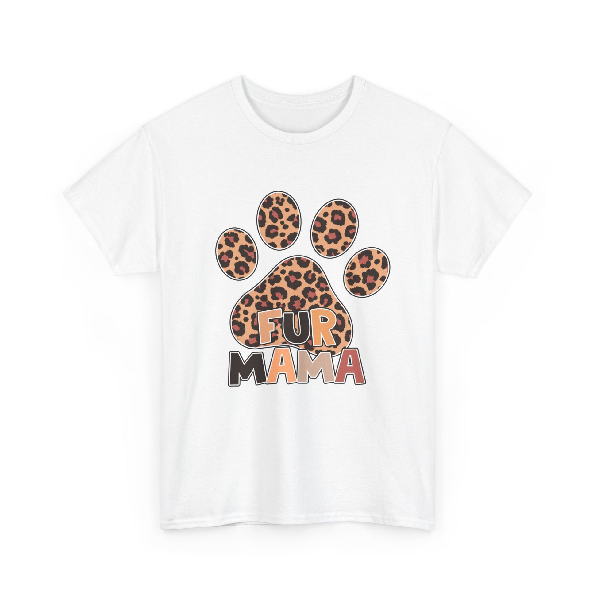 Printify Heavy Cotton T-Shirt white with leopard print paw graphic and Fur Mama text for pet owners