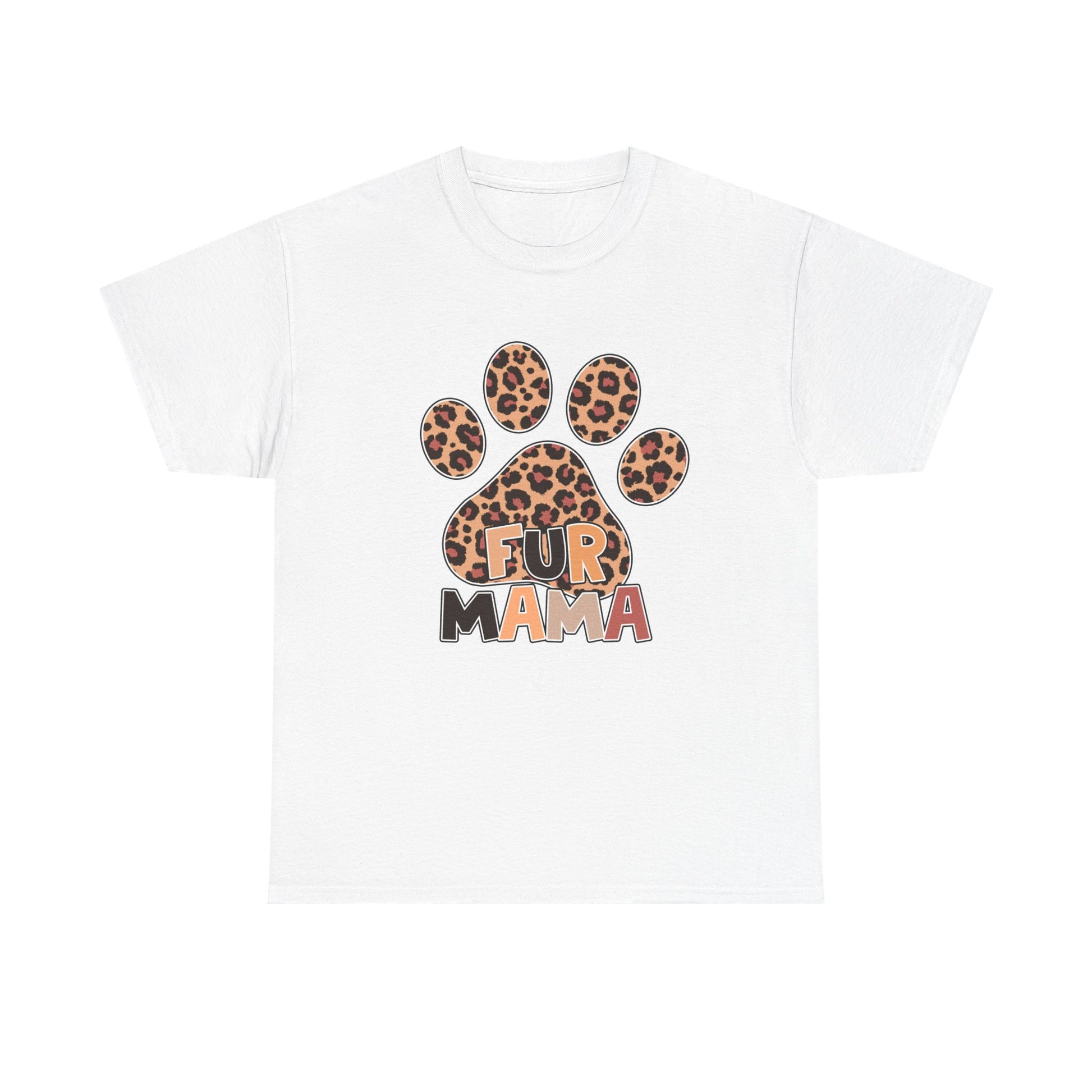 Printify white Heavy Cotton T-Shirt with leopard print paw and FUR MAMA text graphic for pet moms