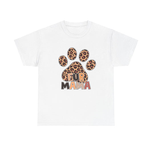 Printify white Heavy Cotton T-Shirt with leopard print paw and FUR MAMA text graphic for pet moms