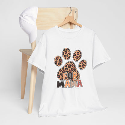 Printify white Heavy Cotton T-Shirt with leopard print paw and FUR MAMA design draped on wooden chair with cap