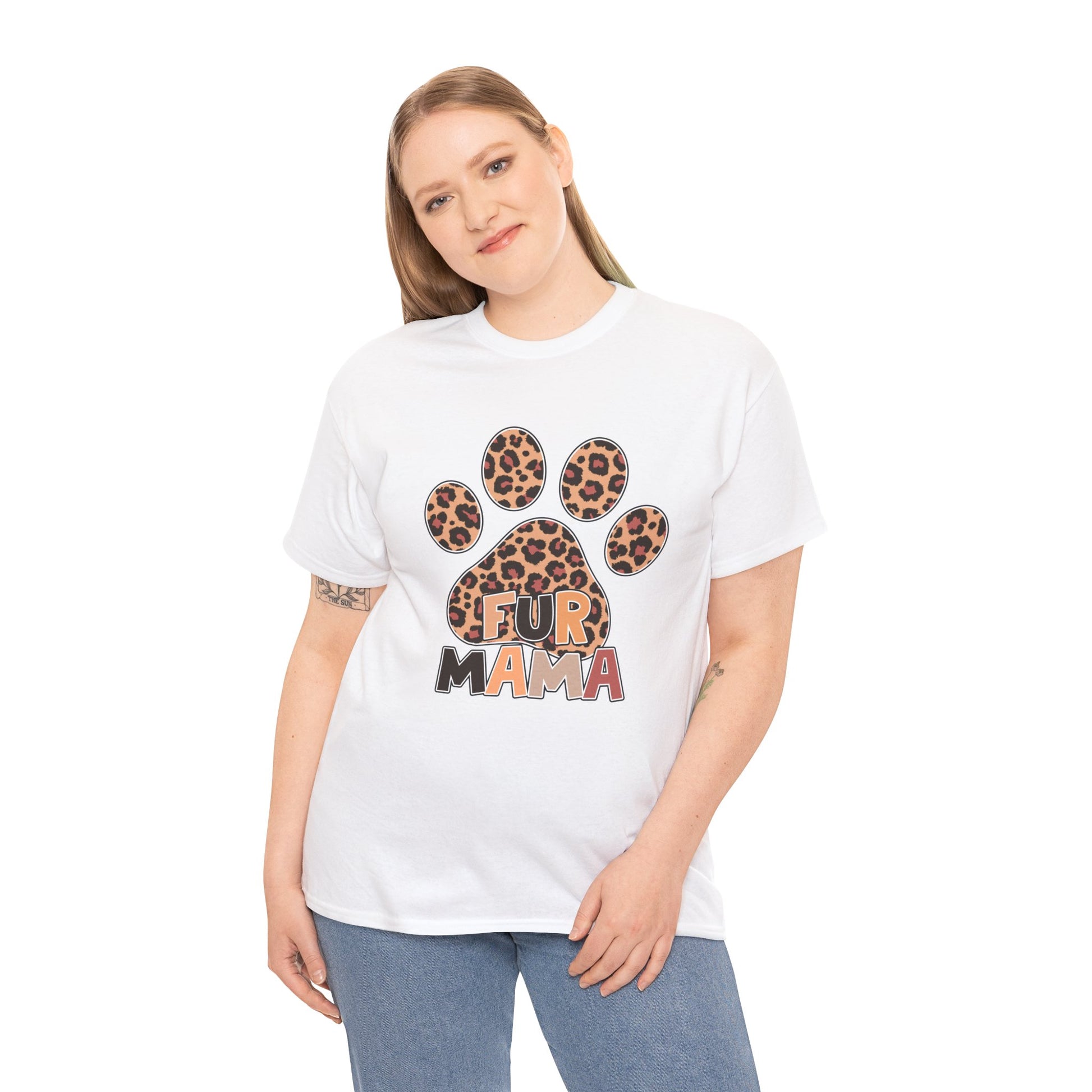 Printify Heavy Cotton T-Shirt white crewneck with leopard paw graphic and Fur Mama text worn by smiling woman