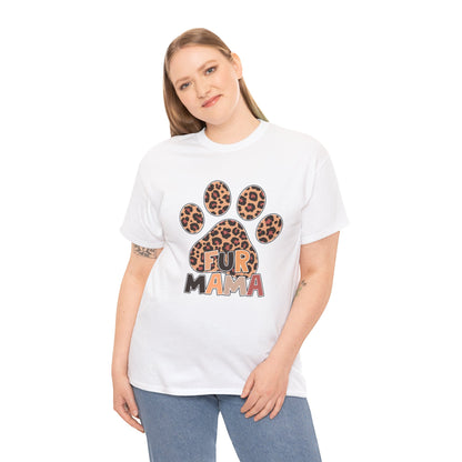 Printify Heavy Cotton T-Shirt white crewneck with leopard paw graphic and Fur Mama text worn by smiling woman
