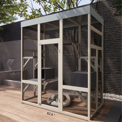 Wefulfil outdoor wooden cat run Pet Enclosure With Waterproof Top with mesh sides, door, interior platforms and cat bed