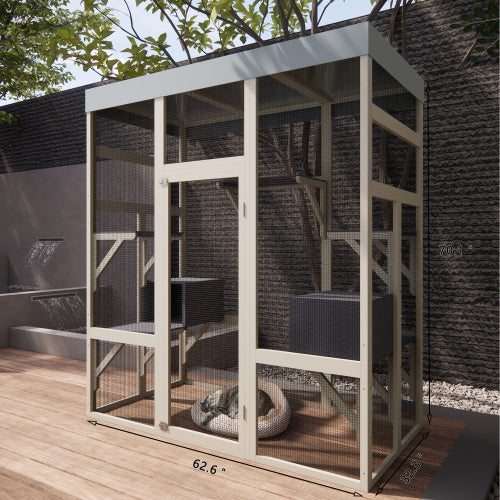 Wefulfil outdoor wooden cat run Pet Enclosure With Waterproof Top with mesh sides, door, interior platforms and cat bed