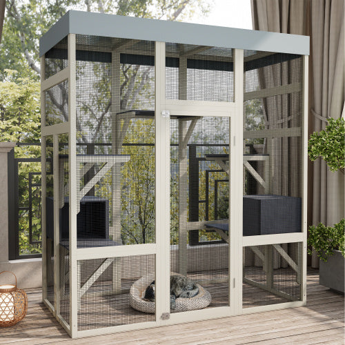 Wefulfil outdoor cat playhouse Pet Enclosure With Waterproof Top beige frame mesh panels and interior shelves